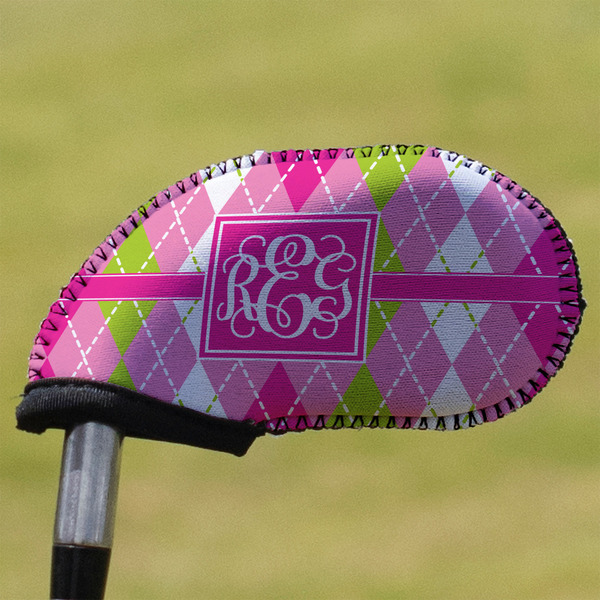 Custom Pink & Green Argyle Golf Club Iron Cover (Personalized)
