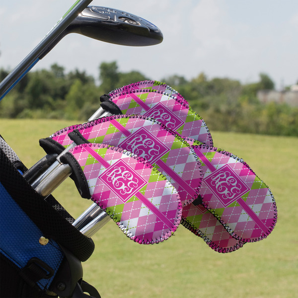 Custom Pink & Green Argyle Golf Club Iron Cover - Set of 9 (Personalized)