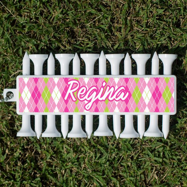 Custom Pink & Green Argyle Golf Tees & Ball Markers Set (Personalized)