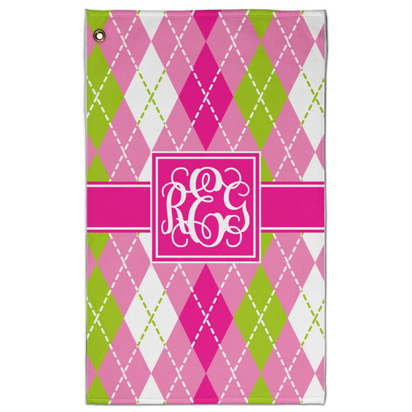 Custom Pink & Green Argyle Golf Towel - Poly-Cotton Blend - Large w/ Monograms