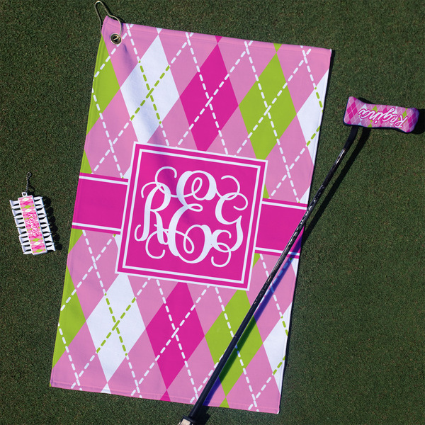 Custom Pink & Green Argyle Golf Towel Gift Set (Personalized)