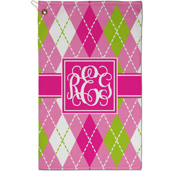 Pink & Green Argyle Golf Towel - Poly-Cotton Blend - Small w/ Monograms
