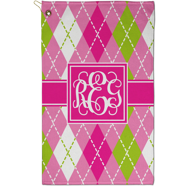 Custom Pink & Green Argyle Golf Towel - Poly-Cotton Blend - Small w/ Monograms