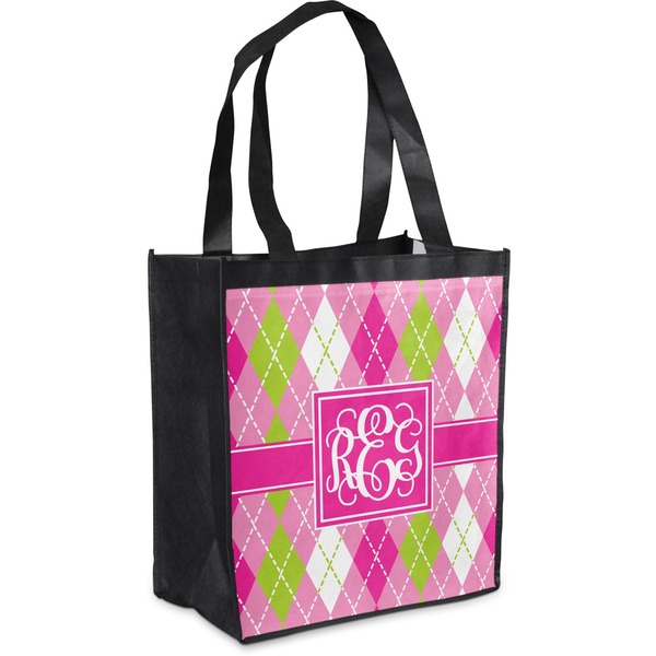 Custom Pink & Green Argyle Grocery Bag (Personalized)