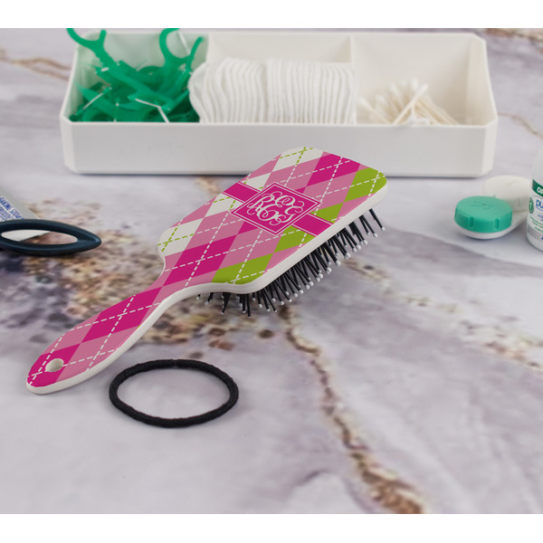 Pink & Green Argyle Hair Brush - In Bathroom