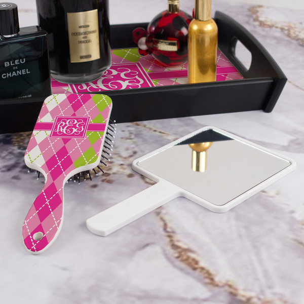 Pink & Green Argyle Hair Brush - With Hand Mirror