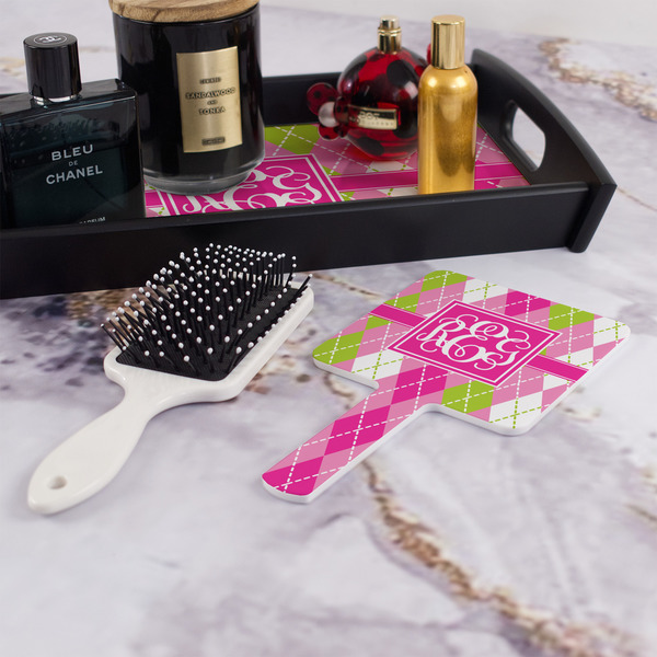 Pink & Green Argyle Hand Mirror - With Hair Brush