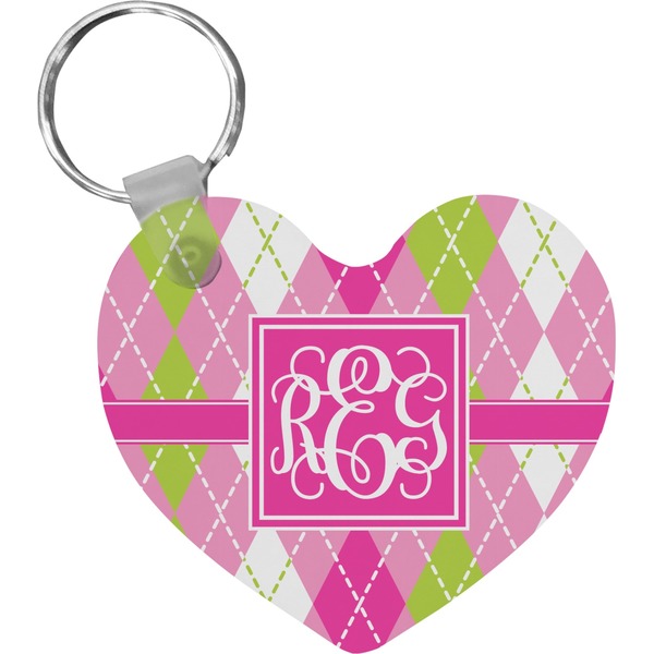 Custom Pink & Green Argyle Heart Plastic Keychain w/ Monogram