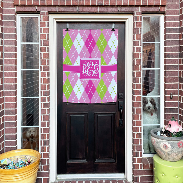 Pink & Green Argyle House Flags - Double Sided - (Over the door) LIFESTYLE