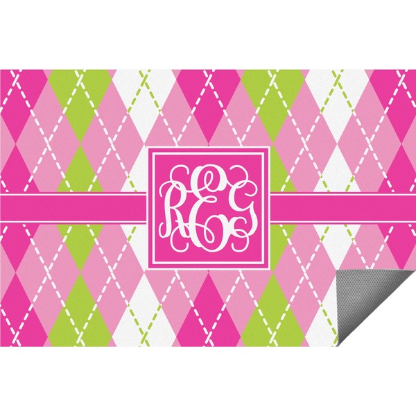 Custom Pink & Green Argyle Indoor / Outdoor Rug - 6'x8' w/ Monogram