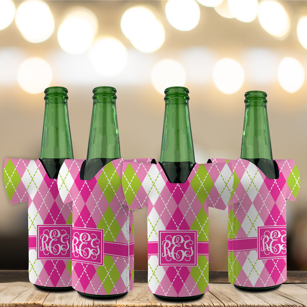 Pink & Green Argyle Jersey Bottle Cooler - Set of 4 - LIFESTYLE
