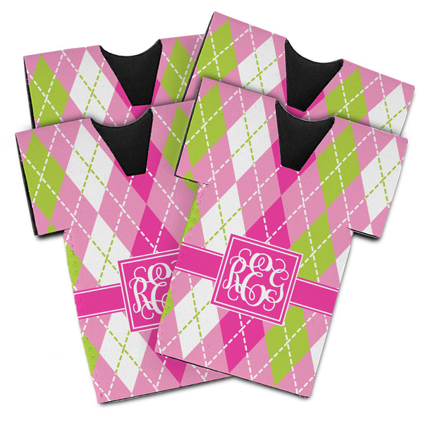 Custom Pink & Green Argyle Jersey Bottle Cooler - Set of 4 (Personalized)