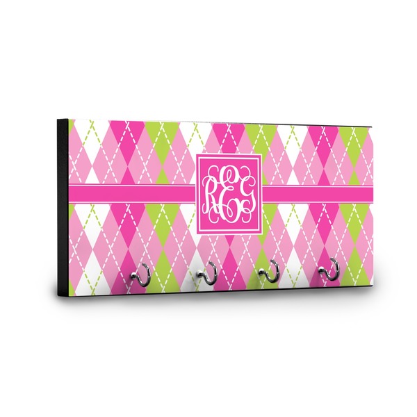 Pink & Green Argyle Key Hanger - Front View with Hooks