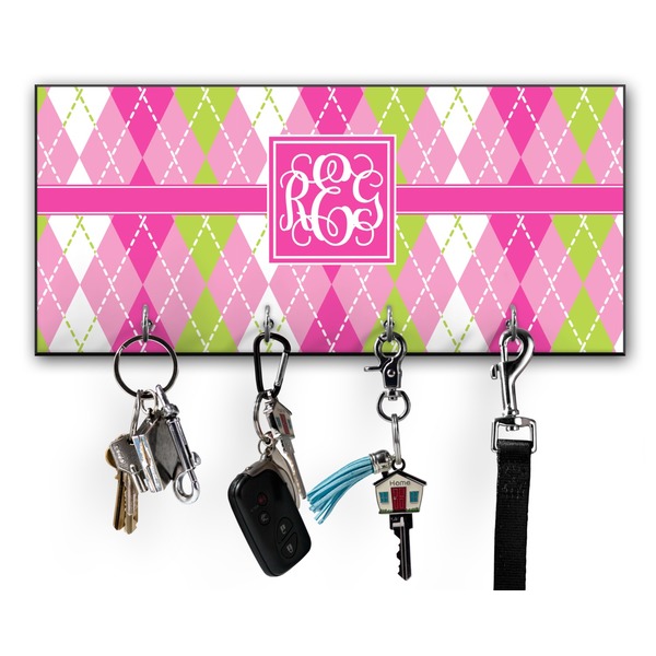 Custom Pink & Green Argyle Key Hanger w/ 4 Hooks w/ Monogram