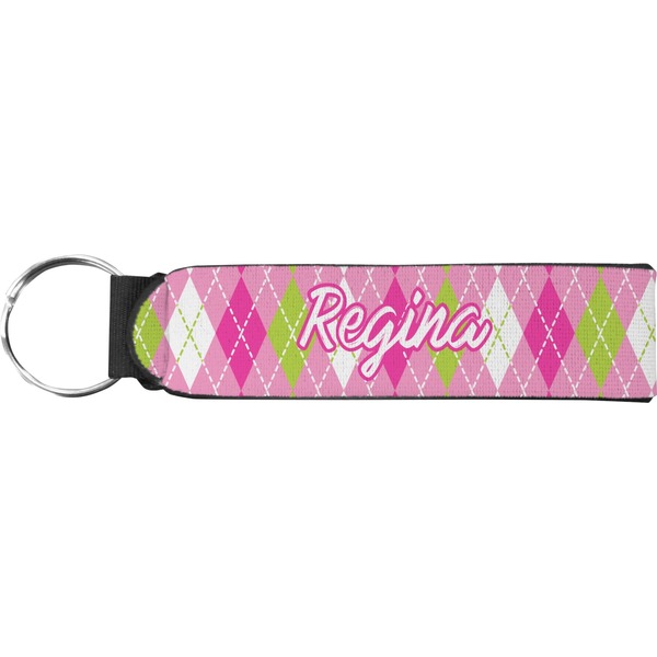 Custom Pink & Green Argyle Neoprene Keychain Fob (Personalized)