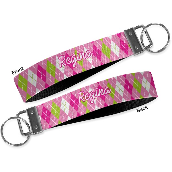 Pink & Green Argyle Key-chain - Metal and Nylon - Front and Back