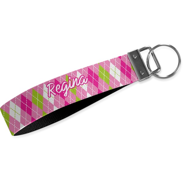 Custom Pink & Green Argyle Wristlet Webbing Keychain Fob (Personalized)