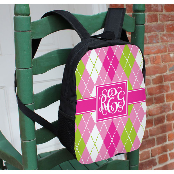 Pink & Green Argyle Kids Backpack - In Context