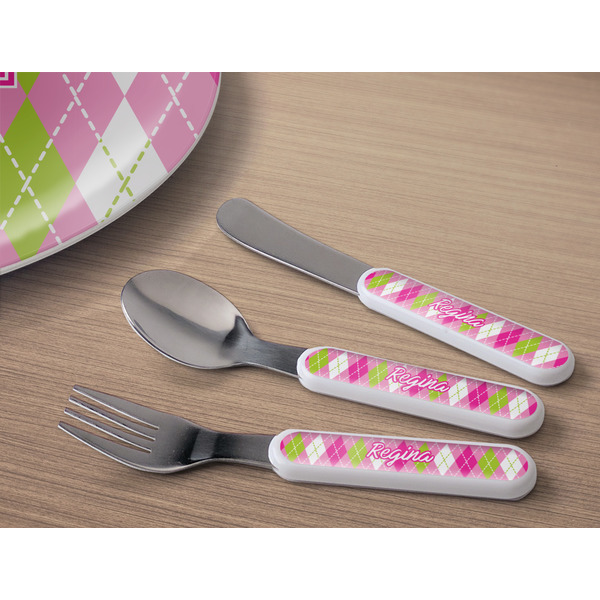 Pink & Green Argyle Kids Flatware w/ Plate