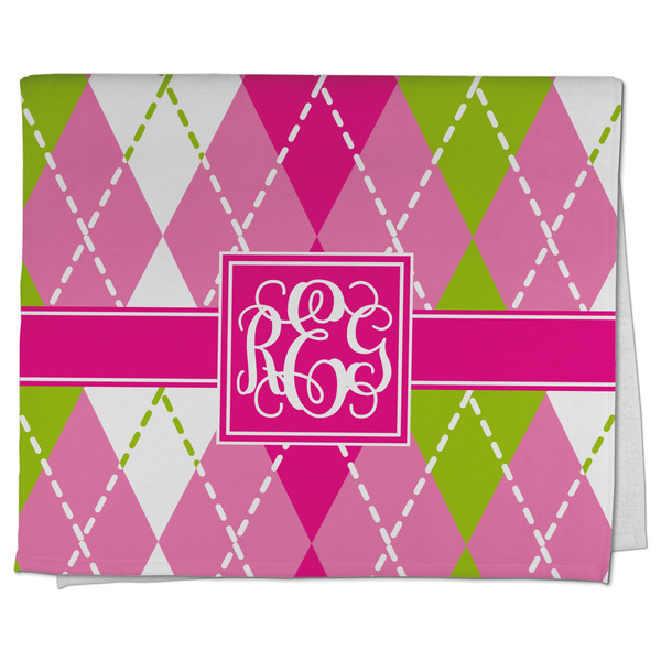 Custom Pink & Green Argyle Kitchen Towel - Poly Cotton w/ Monograms