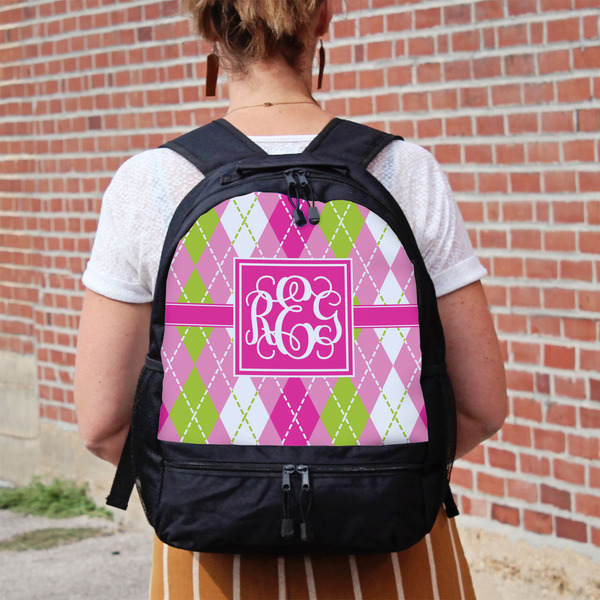 Pink & Green Argyle Large Backpack - Black - On Back