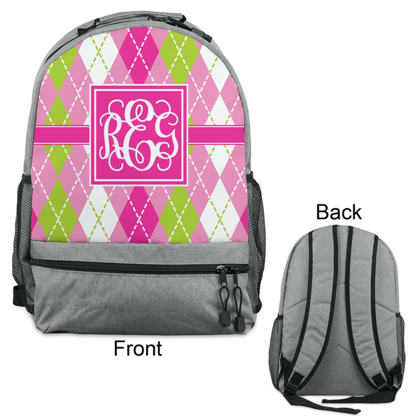 Pink & Green Argyle Large Backpack - Gray - Front & Back View