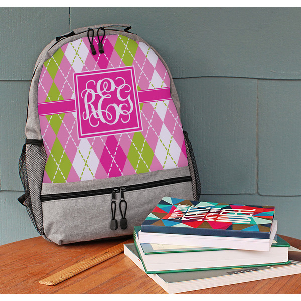 Pink & Green Argyle Large Backpack - Gray - On Desk
