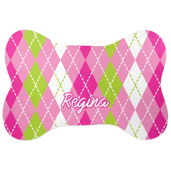 Custom Pink & Green Argyle Bone Shaped Dog Food Mat (Large) (Personalized)
