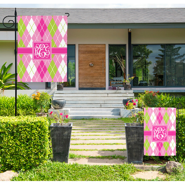 Custom Pink & Green Argyle Large Garden Flag - Double Sided (Personalized)