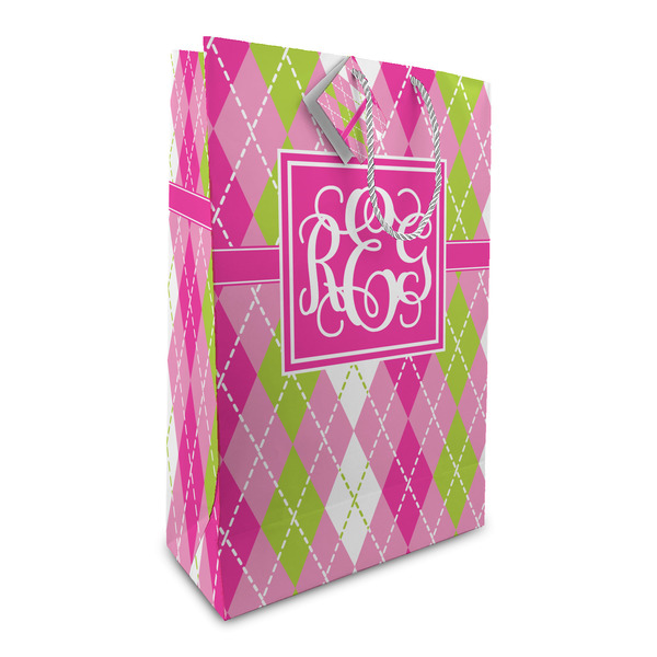 Custom Pink & Green Argyle Large Gift Bag (Personalized)