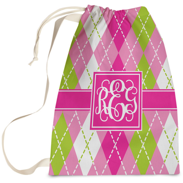 Custom Pink & Green Argyle Laundry Bag - Large (Personalized)