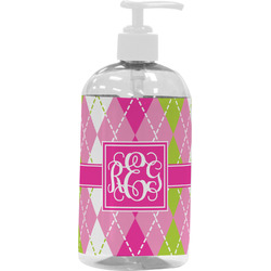 Pink & Green Argyle Plastic Soap / Lotion Dispenser (16 oz - Large - White) (Personalized)