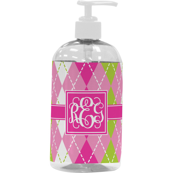 Custom Pink & Green Argyle Plastic Soap / Lotion Dispenser (16 oz - Large - White) (Personalized)
