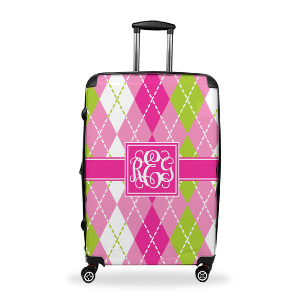 Custom Pink & Green Argyle Suitcase - 28" Large - Checked w/ Monogram