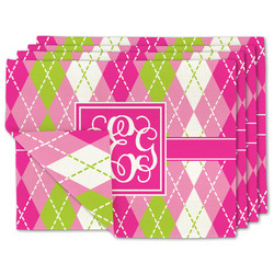 Pink & Green Argyle Double-Sided Linen Placemat - Set of 4 w/ Monogram