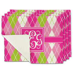 Pink & Green Argyle Single-Sided Linen Placemat - Set of 4 w/ Monogram