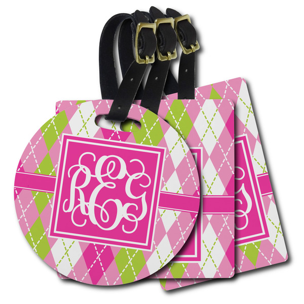 Custom Pink & Green Argyle Plastic Luggage Tag (Personalized)