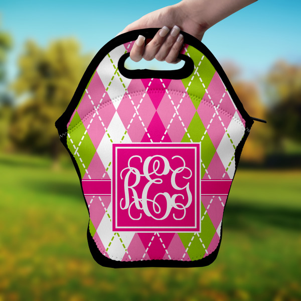 Pink & Green Argyle Lunch Bag - Hand