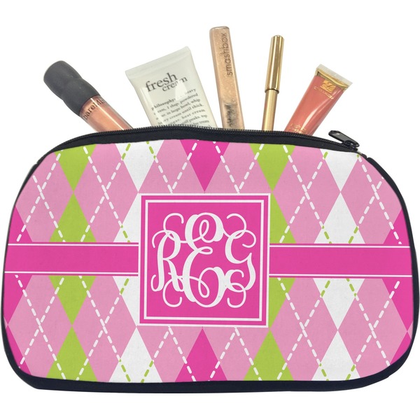 Custom Pink & Green Argyle Makeup / Cosmetic Bag - Medium (Personalized)