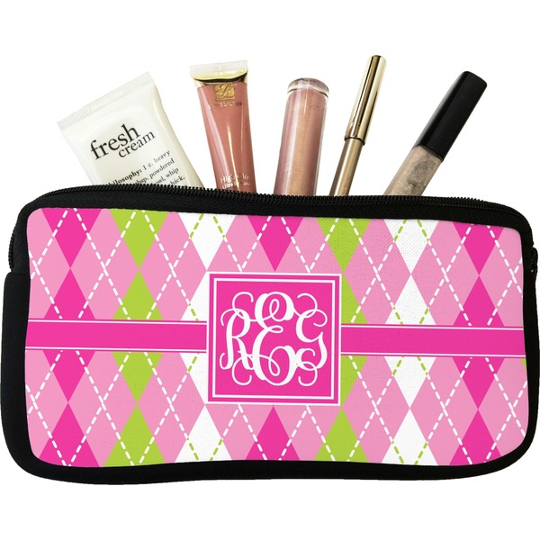 Custom Pink & Green Argyle Makeup / Cosmetic Bag (Personalized)