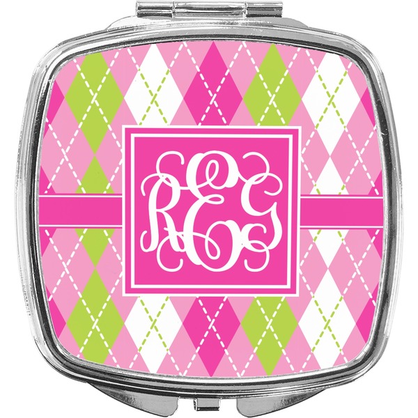 Custom Pink & Green Argyle Compact Makeup Mirror (Personalized)