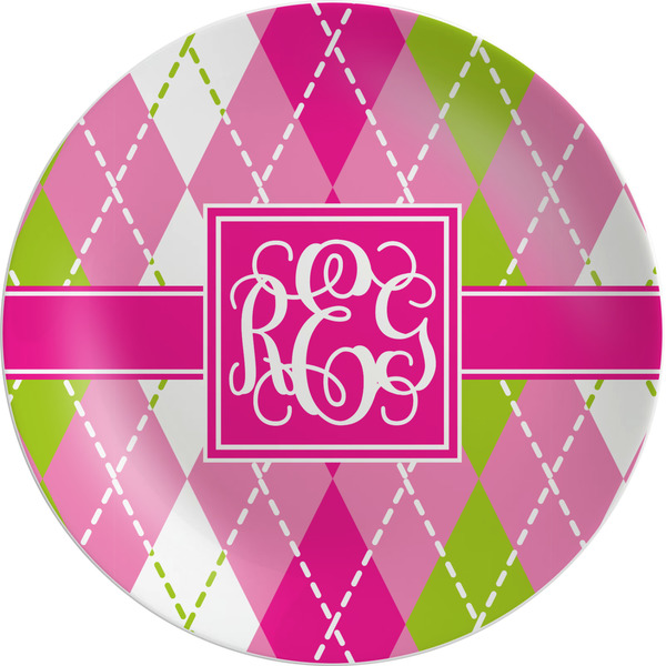 Custom Pink & Green Argyle Melamine Plate (Personalized)