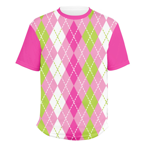 Custom Pink & Green Argyle Men's Crew T-Shirt - 2X Large