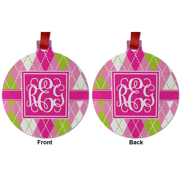 Pink & Green Argyle Metal Ball Ornament - Front and Back