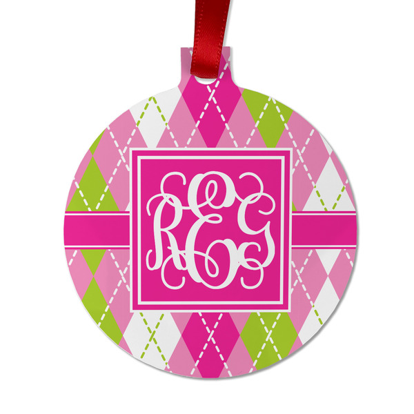 Custom Pink & Green Argyle Metal Ball Ornament - Double Sided w/ Monogram