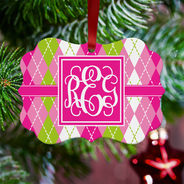 Pink & Green Argyle Metal Benilux Ornament - Lifestyle