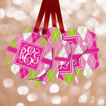 Pink & Green Argyle Metal Ornaments - Double Sided w/ Monogram