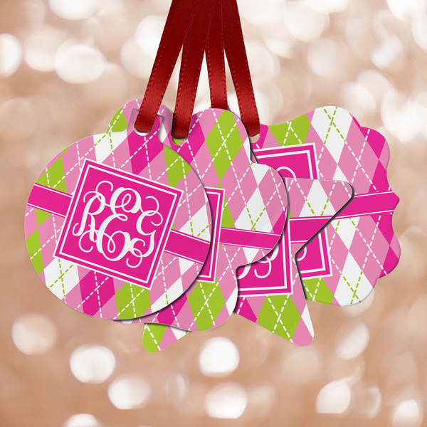 Custom Pink & Green Argyle Metal Ornaments - Double Sided w/ Monogram
