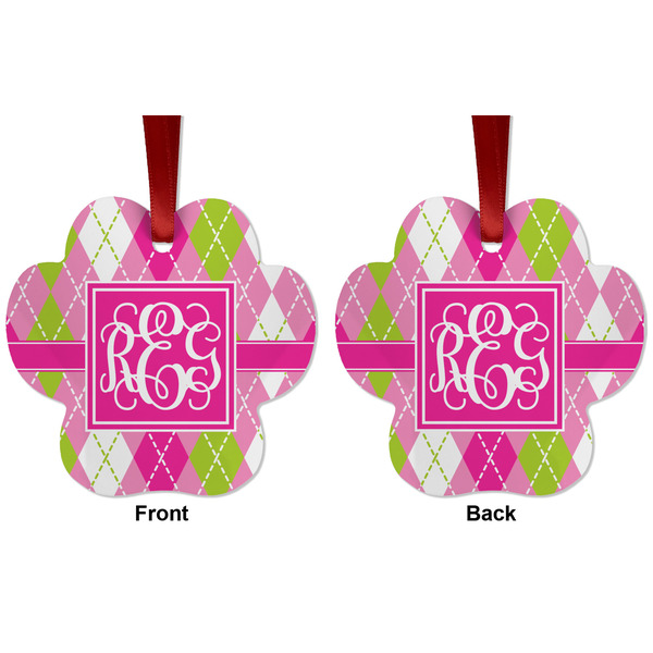 Pink & Green Argyle Metal Paw Ornament - Front and Back