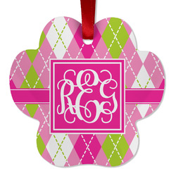 Pink & Green Argyle Metal Paw Ornament - Double Sided w/ Monogram